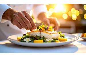 Chef garnishing gourmet fish dish at, a Food & Drink Photo by Igor Tichonow