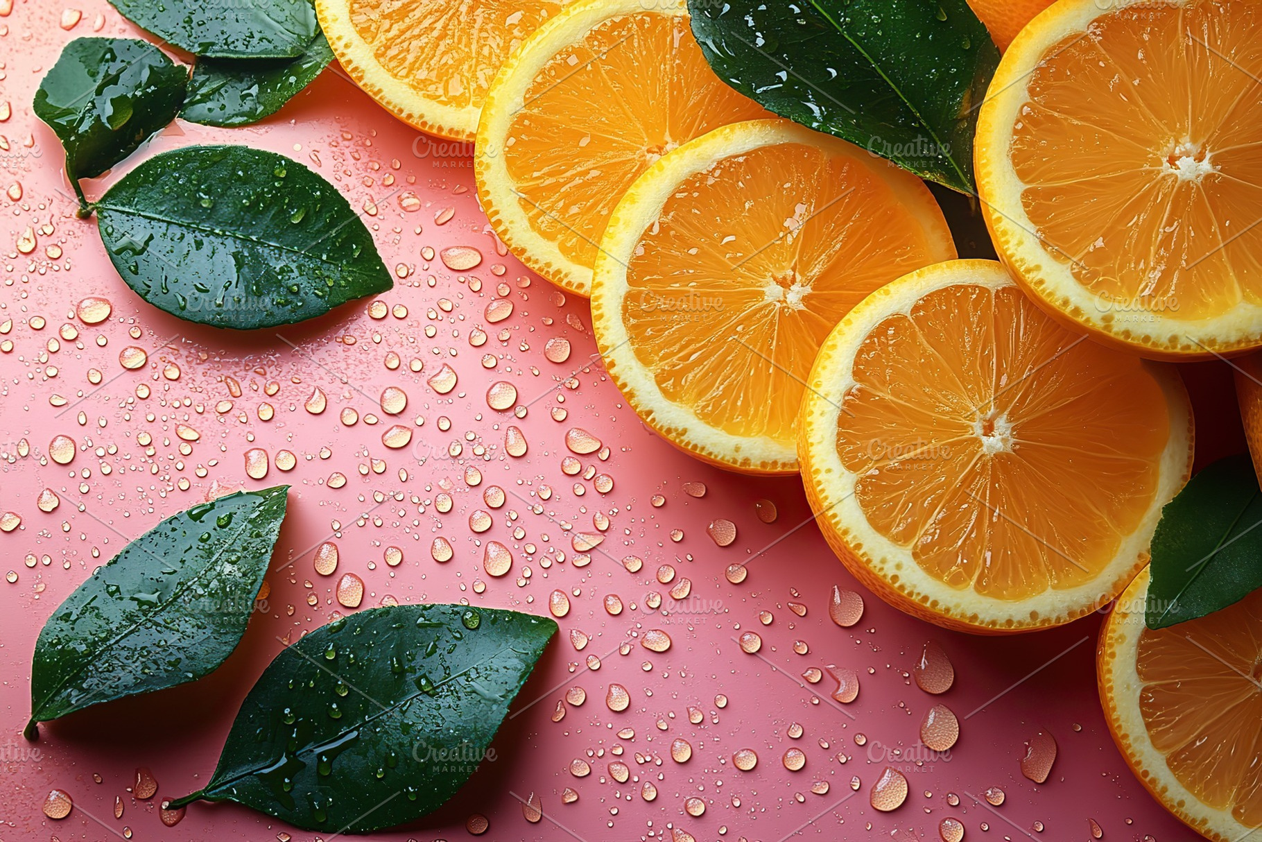 Fresh orange slices with green leaves on a pink surface adorned with water drop, a Food & Drink Photo by AlyaAnd