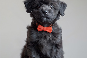 A charming black puppy wearing a stylish orange bow tie, sitting gracefully aga, an Animal Photo by ImageMir