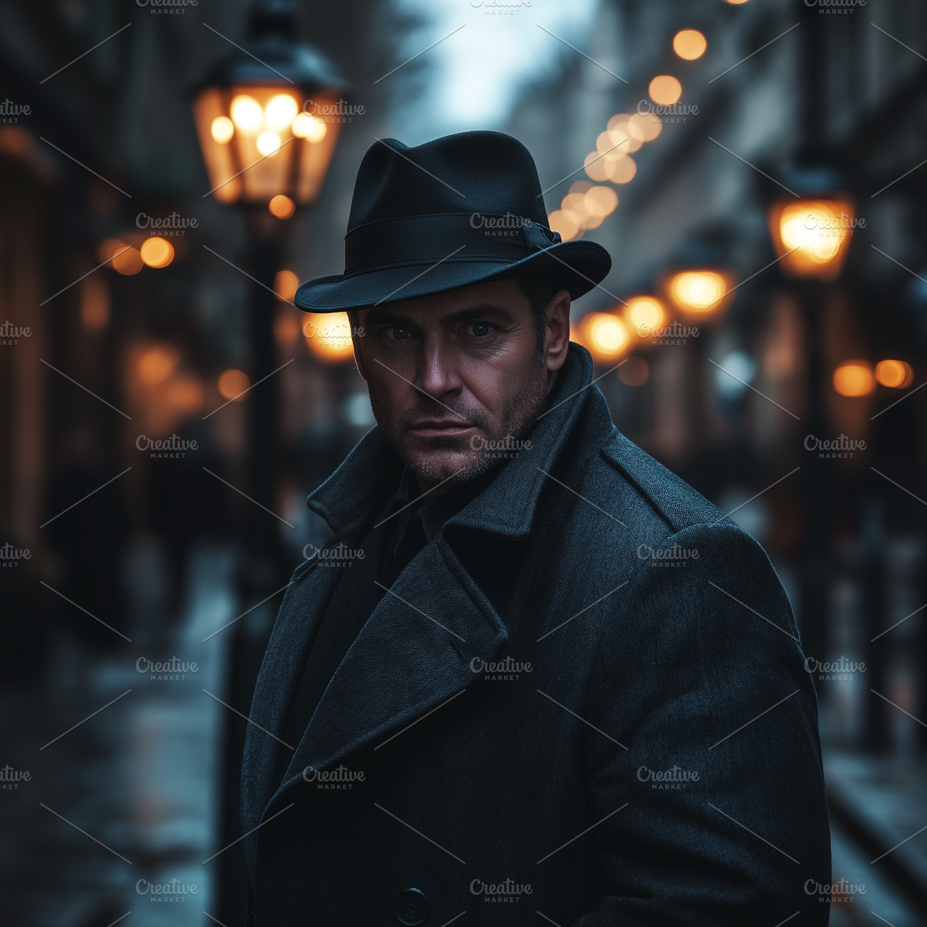 A serious Caucasian man in a stylish hat and coat stands in a dimly lit city st, a Person Photo by ImageMir