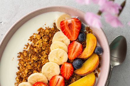 Granola with yogurt  and sweet fruit, a Food & Drink Photo by Pandateam