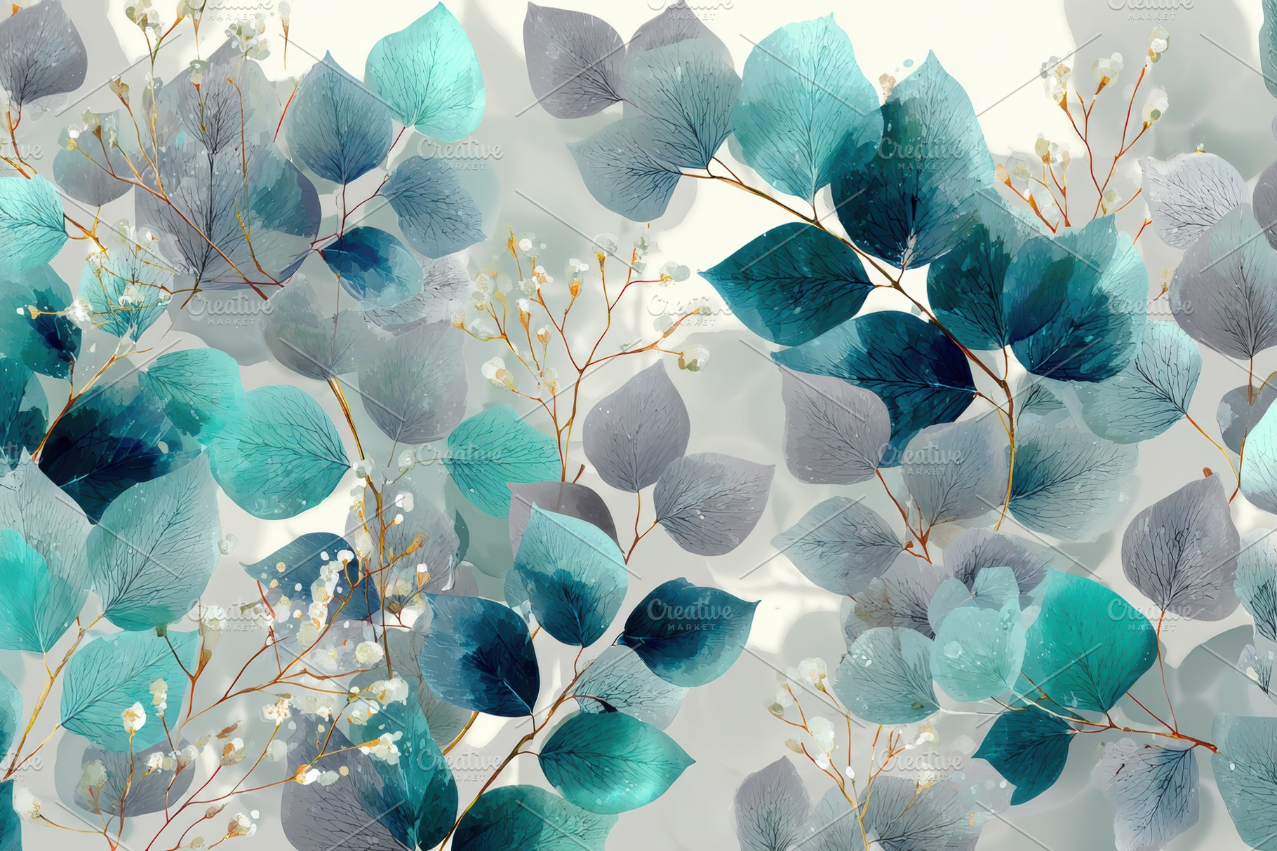Teal and Gray Leaves Botanical Artwo, a Photo by Pixeness Studio
