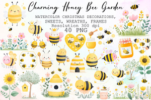 Charming Honey Bee Garden Clipart Se, an Illustration by Sublimation Artist