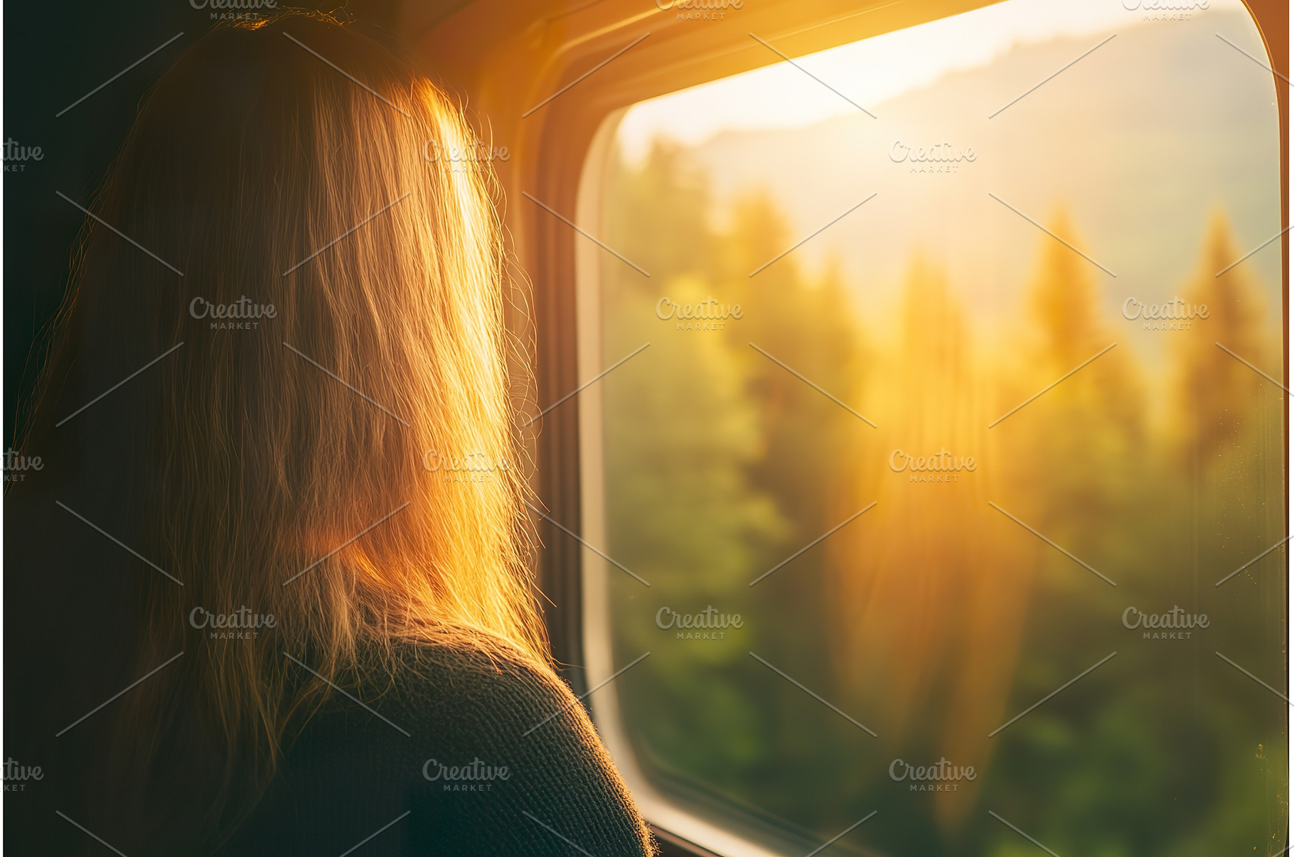 Woman looking out train window at, a Transportation Photo by Lermont51