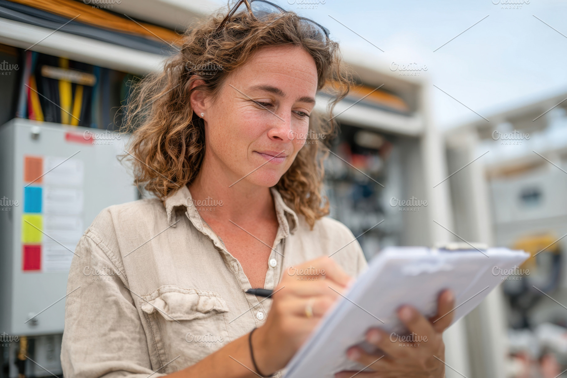 Smiling woman writing on clipboard in an industrial setting, an Industrial Photo by AlyaAnd