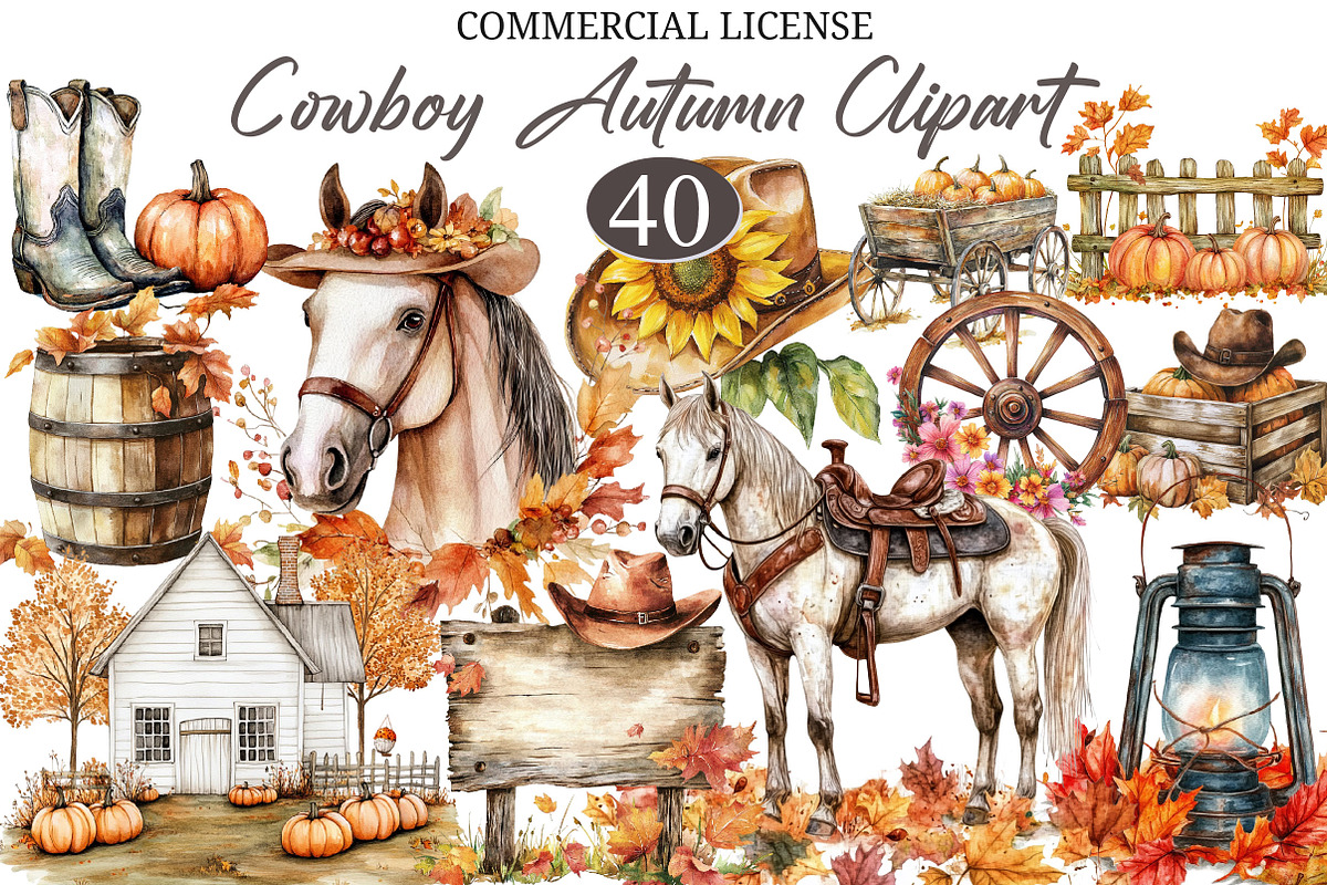 Watercolor Cowboy Autumn Clipart, a Seasonal Illustration by designcity5 (Photo 1 of 5)