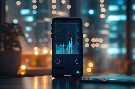 Smartphone screen with price graphs and candlestick charts, cryp, a Technology Photo by AlyaAnd