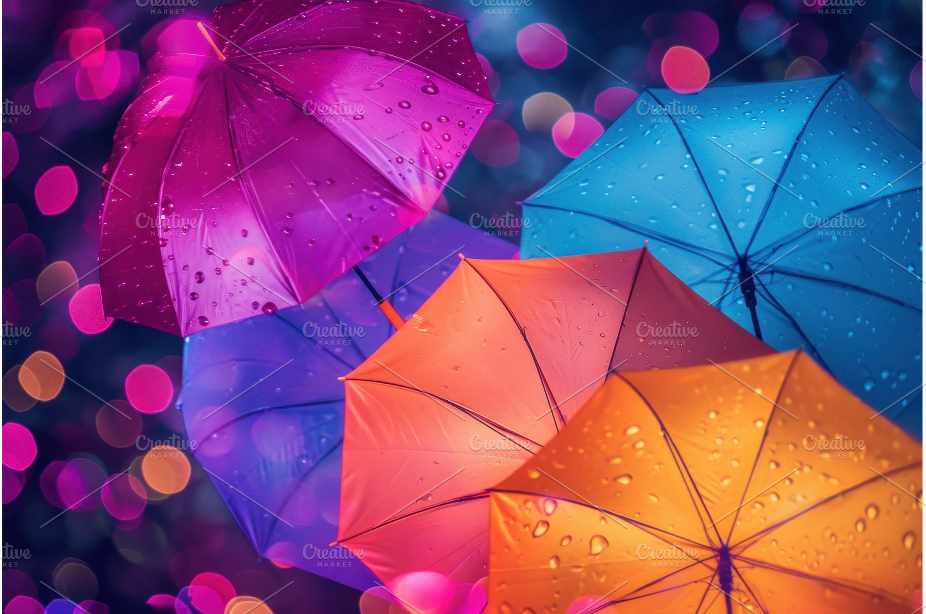 Colorful umbrellas in rain with, an Abstract Photo by Ylivdesign