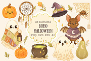Boho Halloween Clipart & Frames, a Seasonal Illustration by Bielousova Art (Thumbnail 1 of 8)