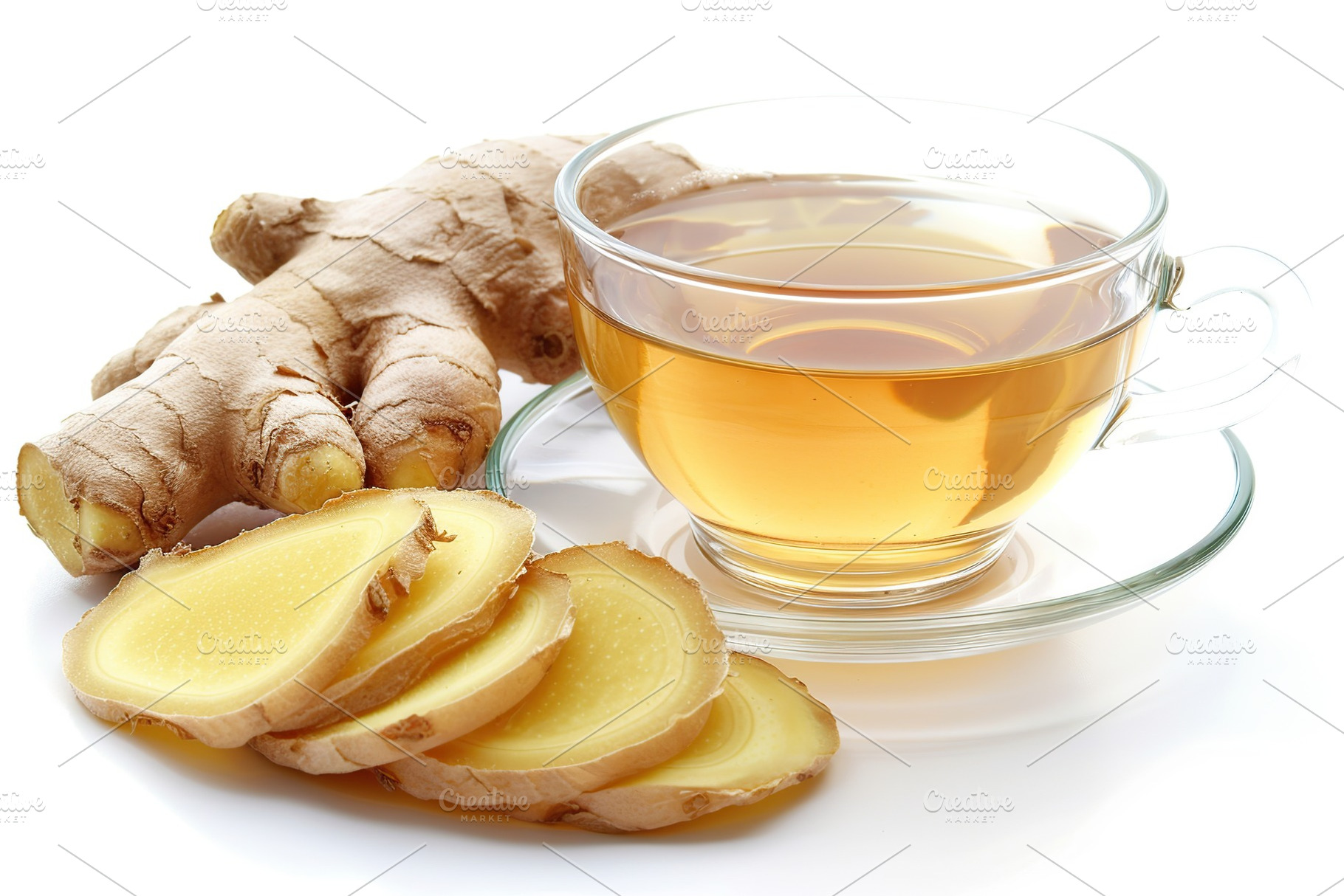 Glass cup of ginger tea with sliced ginger root isolated on white background, a Food & Drink Photo by AlyaAnd