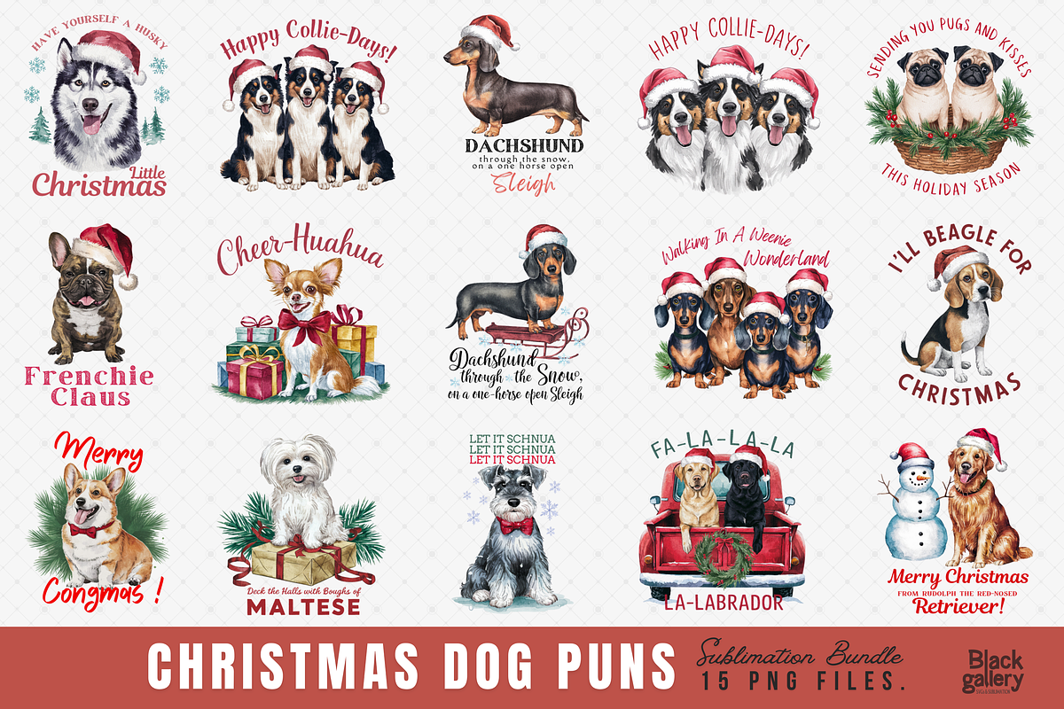 Watercolor Christmas Dog Puns Bundle, a Graphic by Clipart Bloom (Photo 1 of 25)