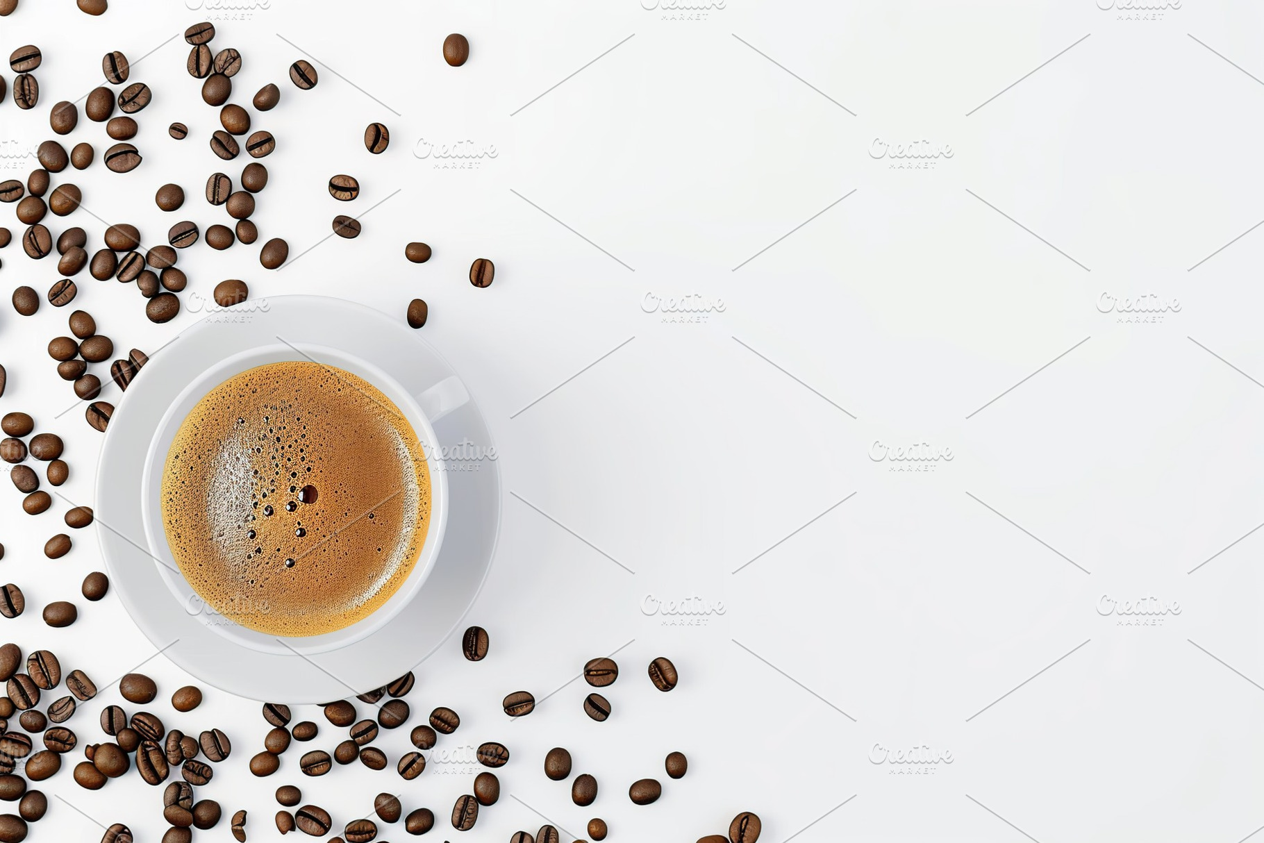 Flat lay of cup of coffee and coffee beans on white background, a Food & Drink Photo by AlyaAnd