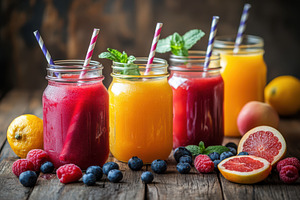 Colorful fruit smoothies in mason ja, a Food & Drink Photo by Pixeness Studio