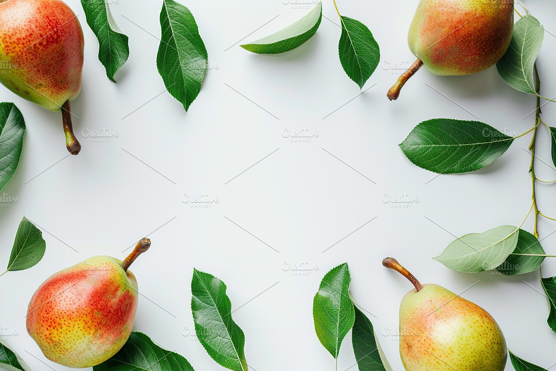 Red pears with leafs and copyspace for text on white background, a Food & Drink Photo by AlyaAnd