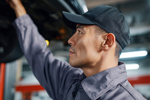 Focused Asian male mechanic inspecting a vehicle underneath in a garage, wearin, a Business Photo by ImageMir