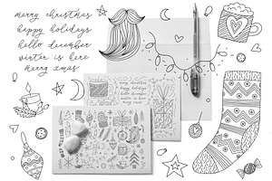 Christmas Doodle Line Art Winter Set