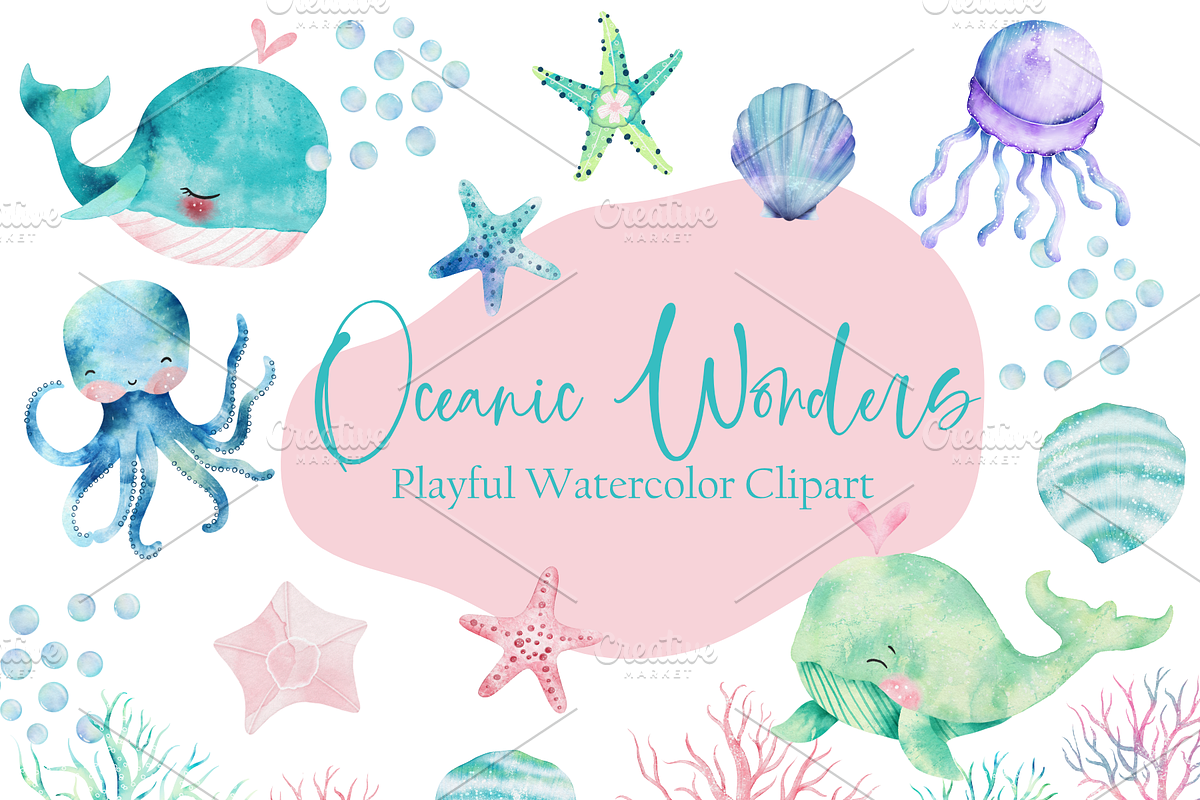 Oceanic Wonders Watercolor Clipart, an Animal Illustration by K&M Design Studio (Photo 1 of 7)