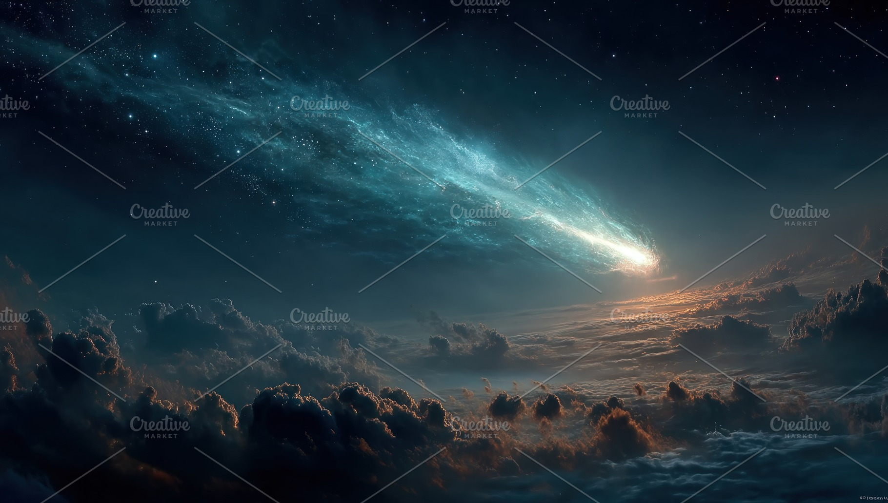 Bright meteor blazing across starry sky above dramatic glowing c, a Background Photo by José Manuel Gelpi