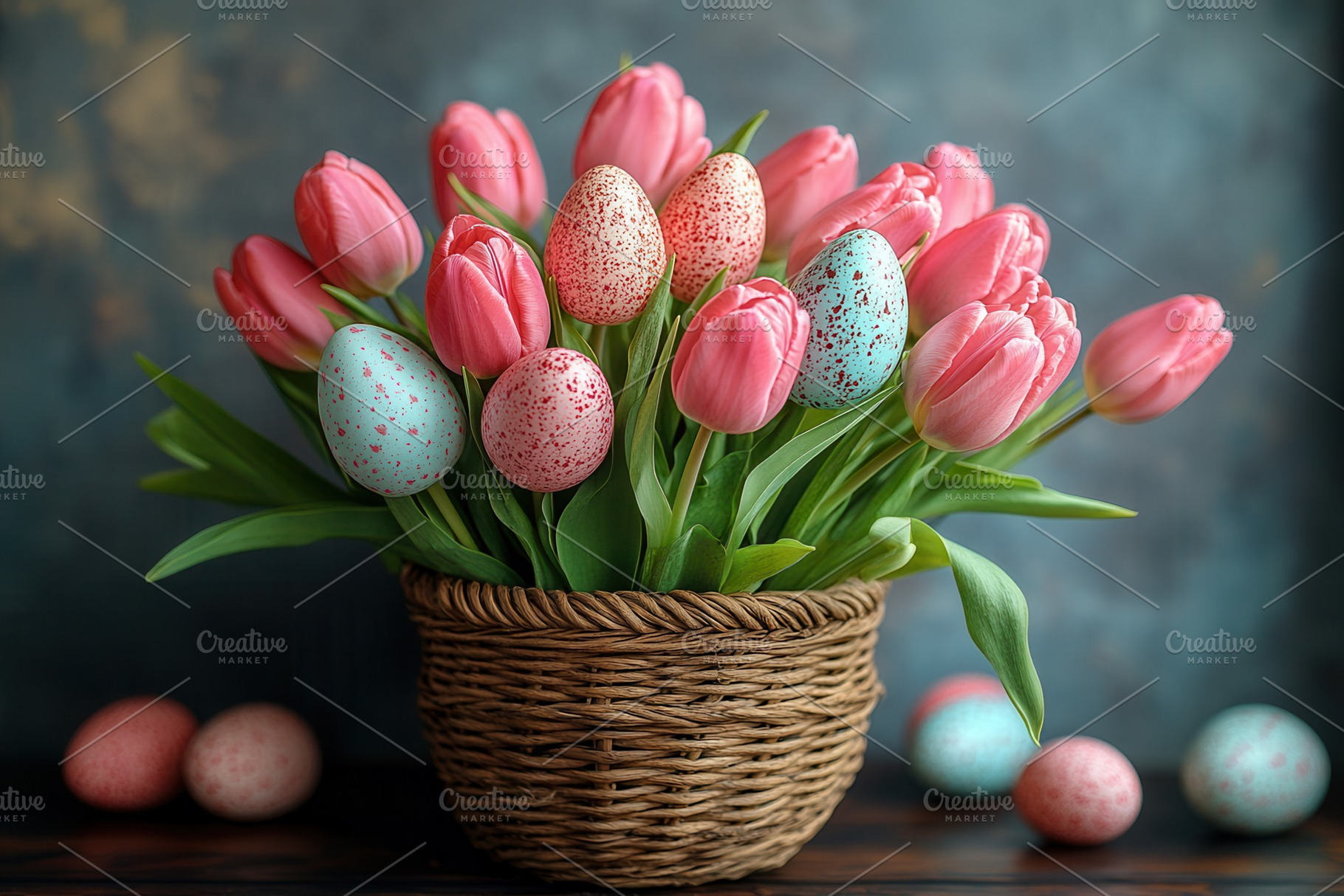 Colorful bouquet of tulips and decor, a Photo by Tanuart