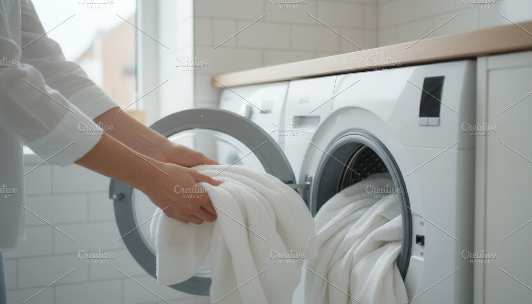 Loading white garments into front loading washer, an Industrial Photo by Igor Tichonow