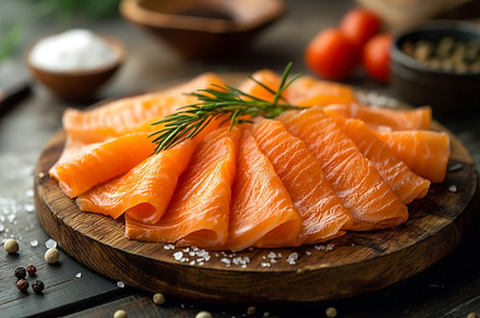 Freshly sliced salmon fillet arranged on a wooden platter, garni, a Food & Drink Photo by ImageMir