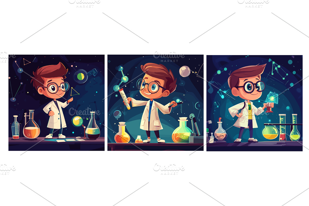 Little chemist. Cartoon boy white, an Illustration by Stock-Smart-Start