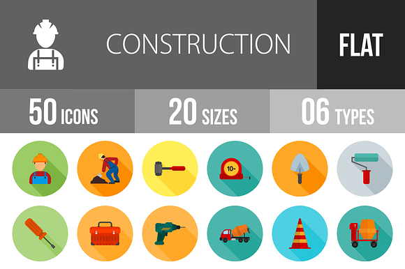 50 Construction Flat Shadowed Icons