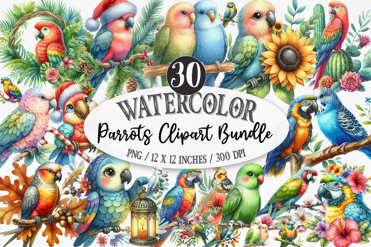Watercolor Parrots Clipart, an Illustration by Designking (Photo 1 of 5)