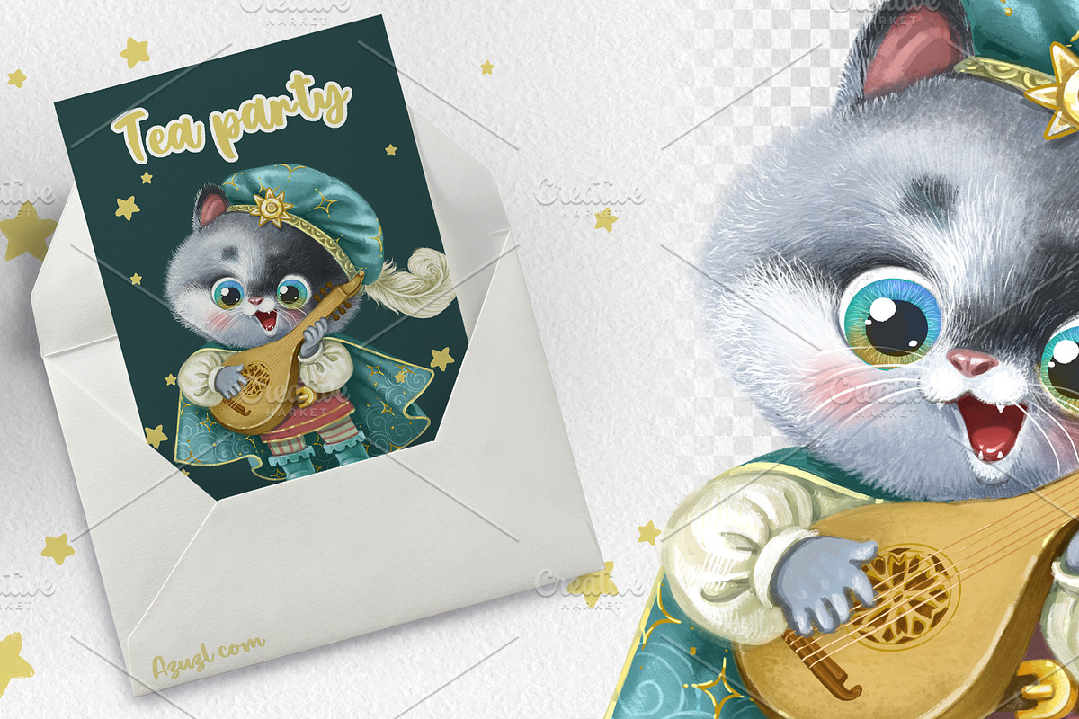 Cute kitten with lute, an Animal Illustration by Azuzlikus (Photo 2 of 3)