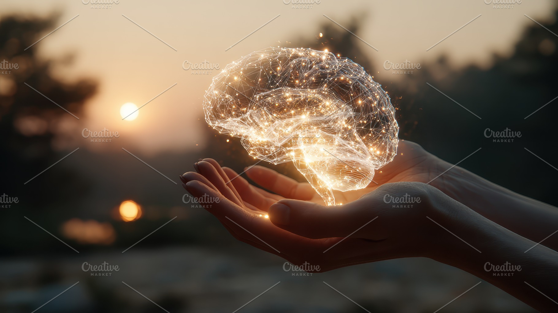 Glowing brain held in open hands sun, a Photo by Pixeness Studio