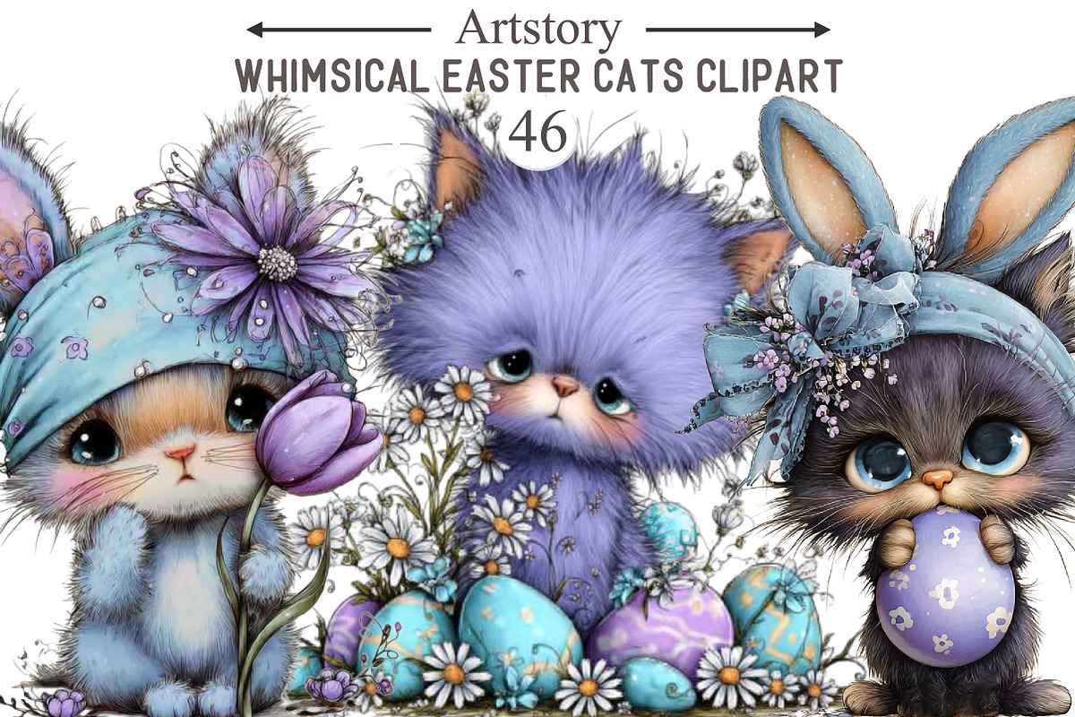 Whimsical Easter Cats Clipart, an Illustration by designcity5 (Photo 1 of 5)