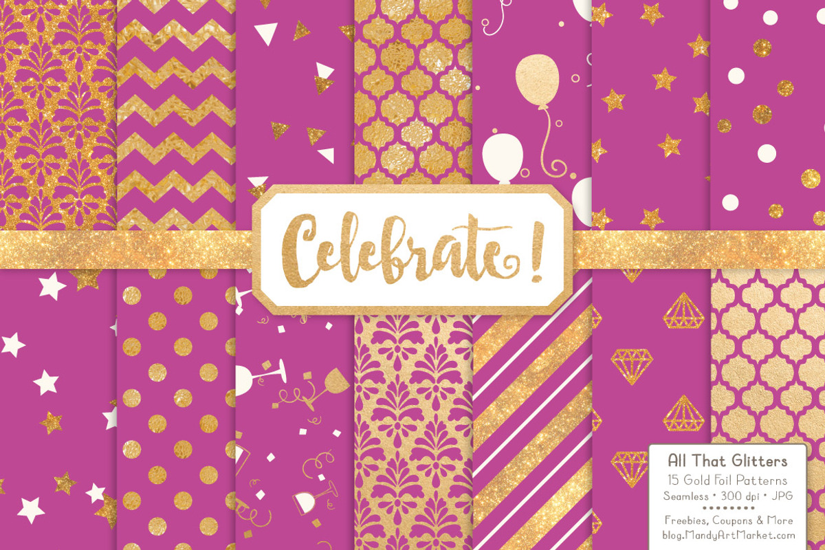 Gold Foil Digital Papers in Fuchsia, a Pattern Graphic by Amanda Ilkov (Photo 1 of 4)