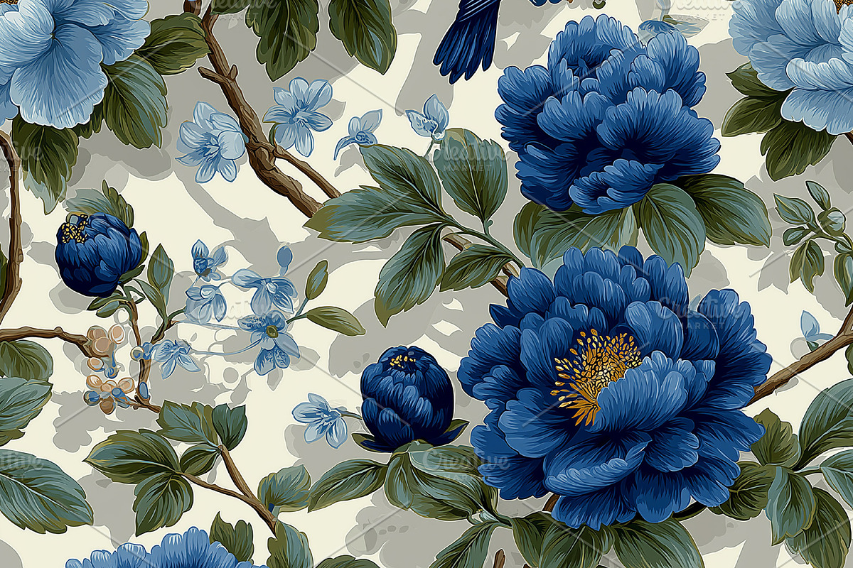 Seamless pattern chinoiserie pattern with blue peonies, branches, a Pattern Graphic by Studio ANNA