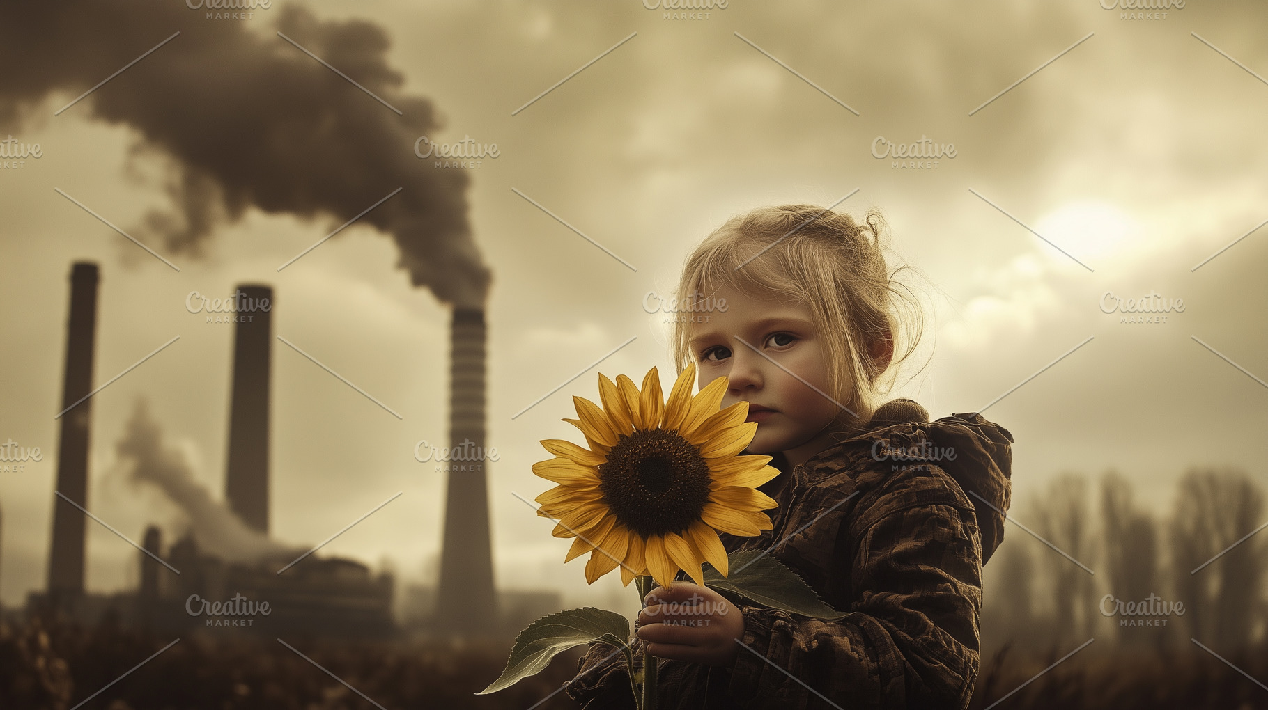 Child holding sunflower in front of, an Industrial Photo by MistyDay