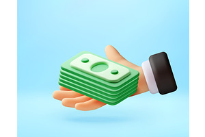 3D Hand holding stack of green paper, a Finance Illustration by Abscent