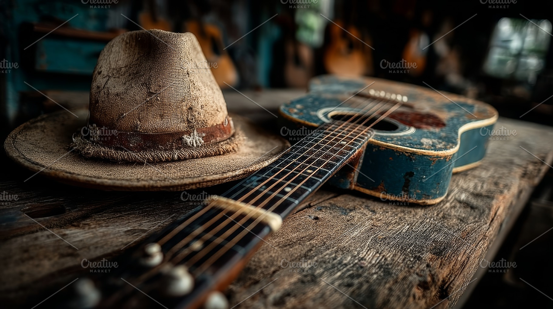 Rustic acoustic guitar and weathered cowboy hat on an aged wooden surface, a Photo by AS photostudio