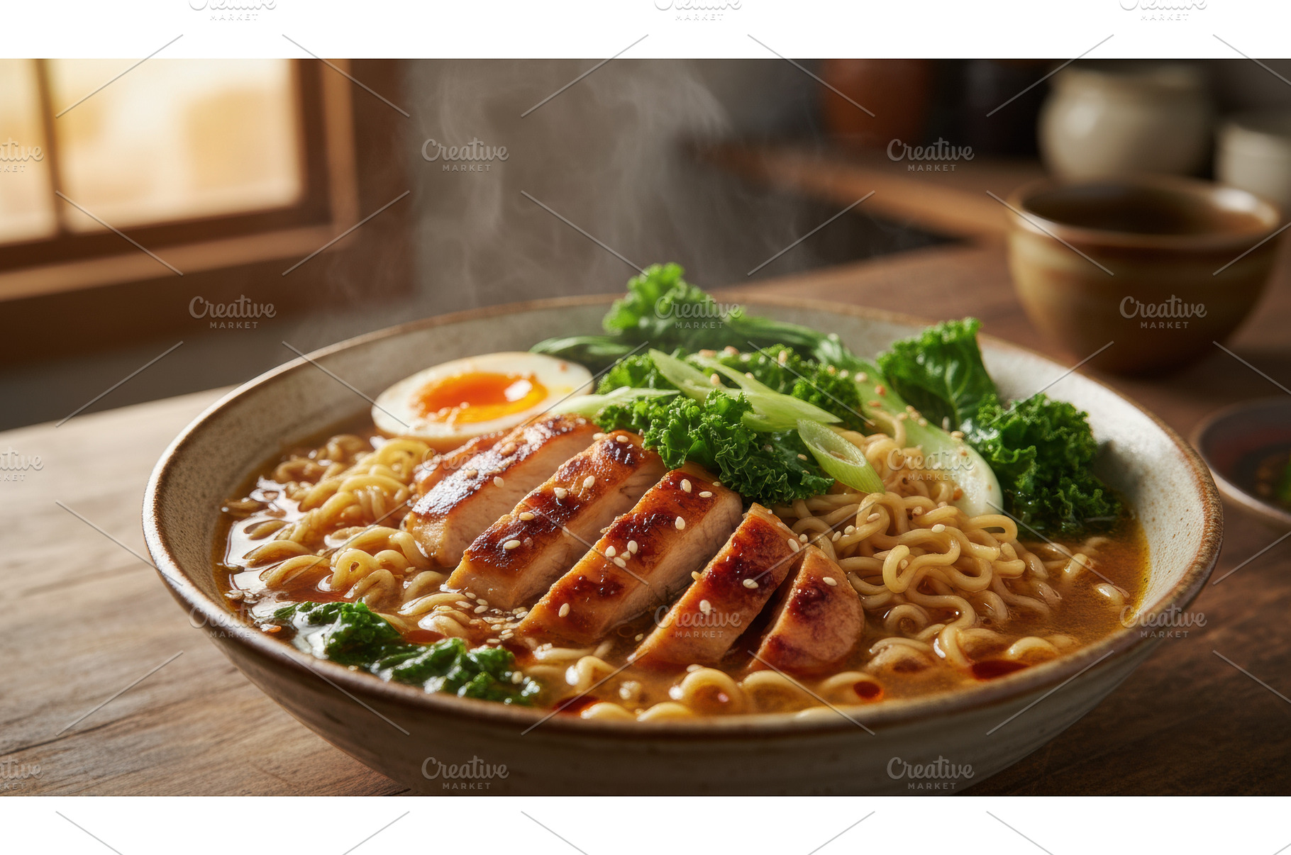 Bowl of steaming ramen noodles with, a Food & Drink Photo by Igor Tichonow