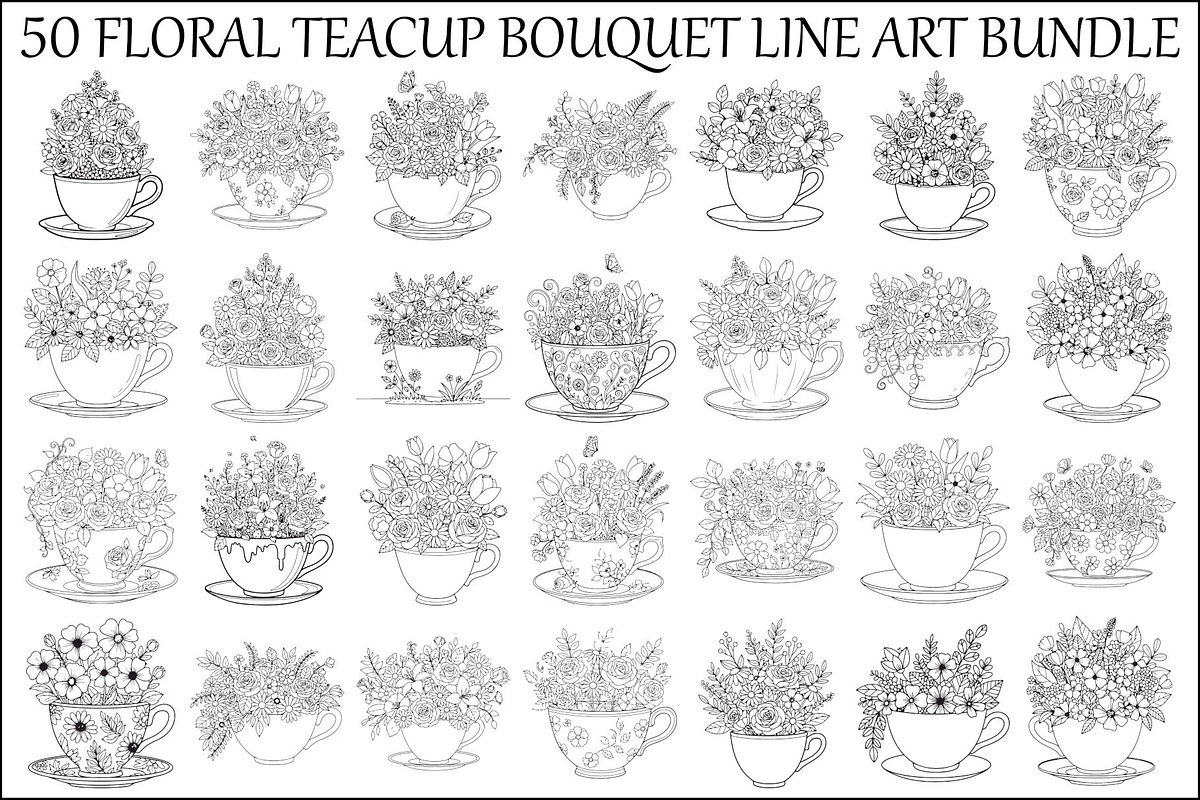 Floral Teacup Line Art Bundle, an Illustration by Gfx_Store (Photo 1 of 51)