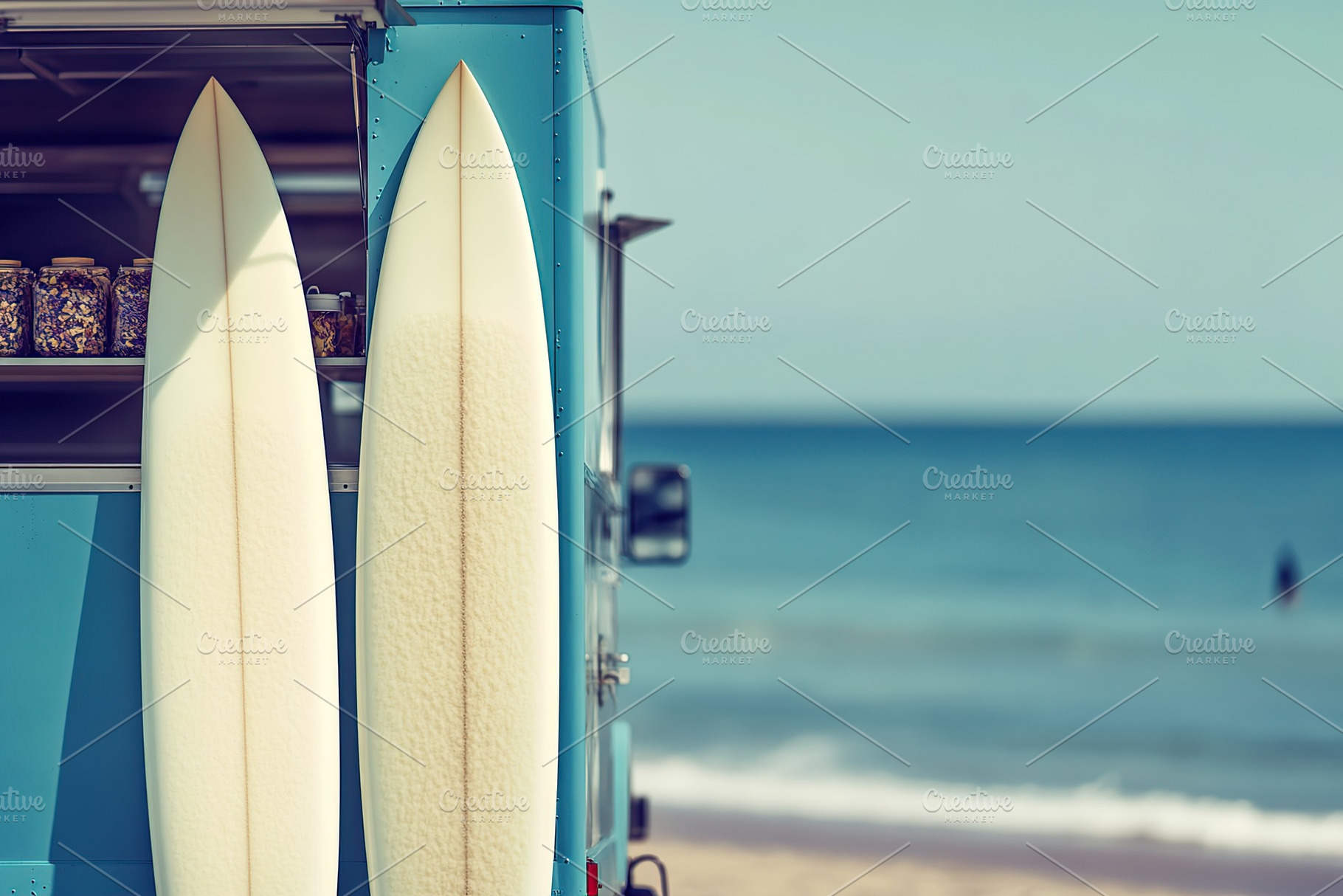 Surfer's paradise with a truck parked near the beach and surfboards ready for a, a Sports & Recreation Photo by AlyaAnd