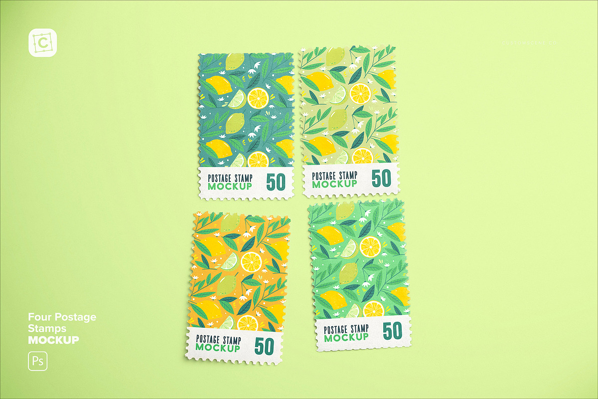 Four Postage Stamps Mockup, an Advertising Mockup by Custom Scene (Photo 1 of 11)