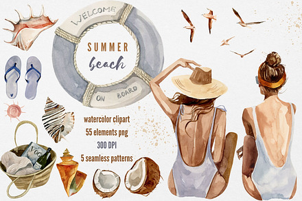 Beach summer watercolor clipart, a Seasonal Illustration by Artcard Watercolor