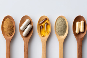 Wooden spoons, dietary supplements, a Health & Medical Photo by MistyDay