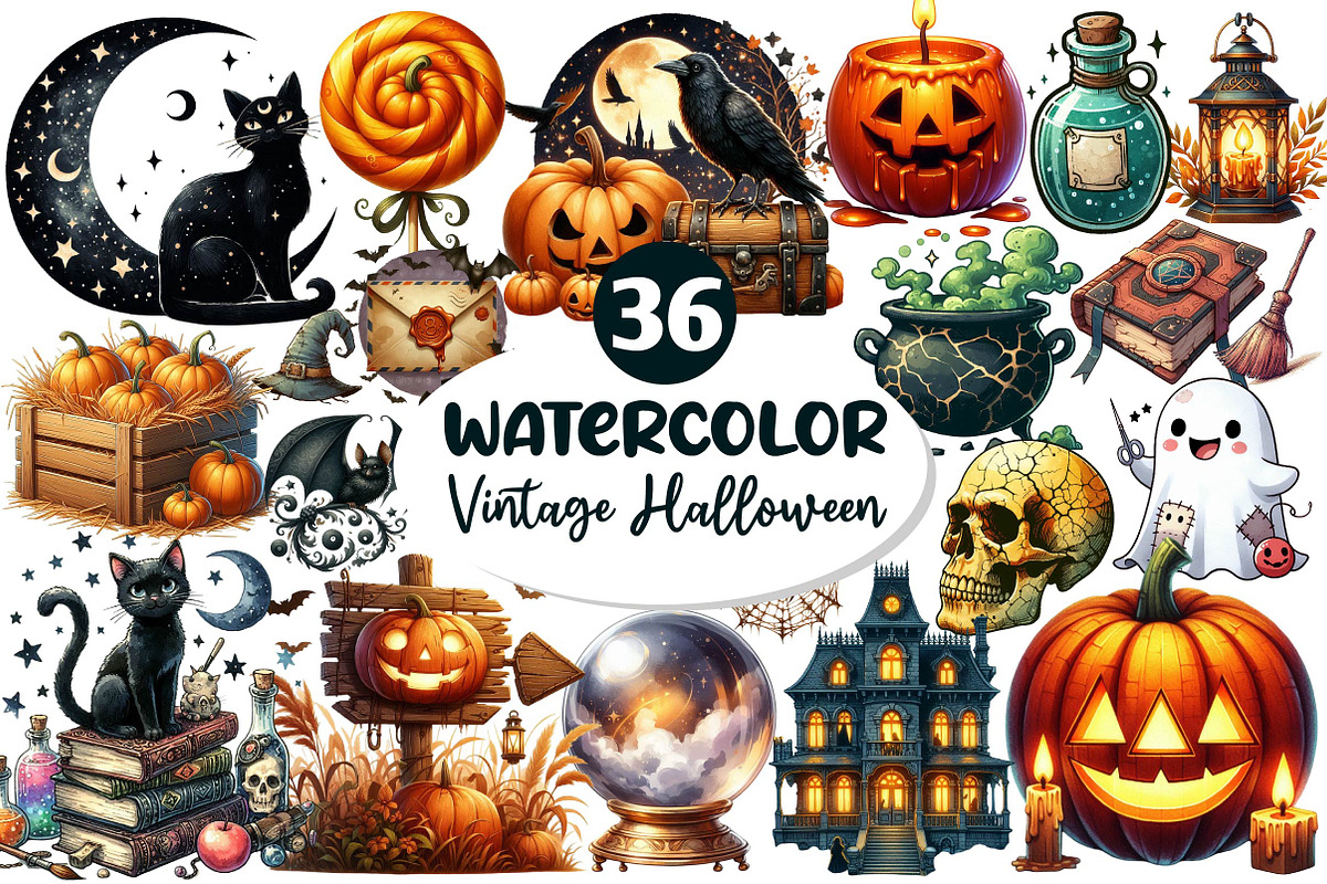 Vintage Halloween Clipart, an Illustration by Dream Creation (Photo 1 of 7)