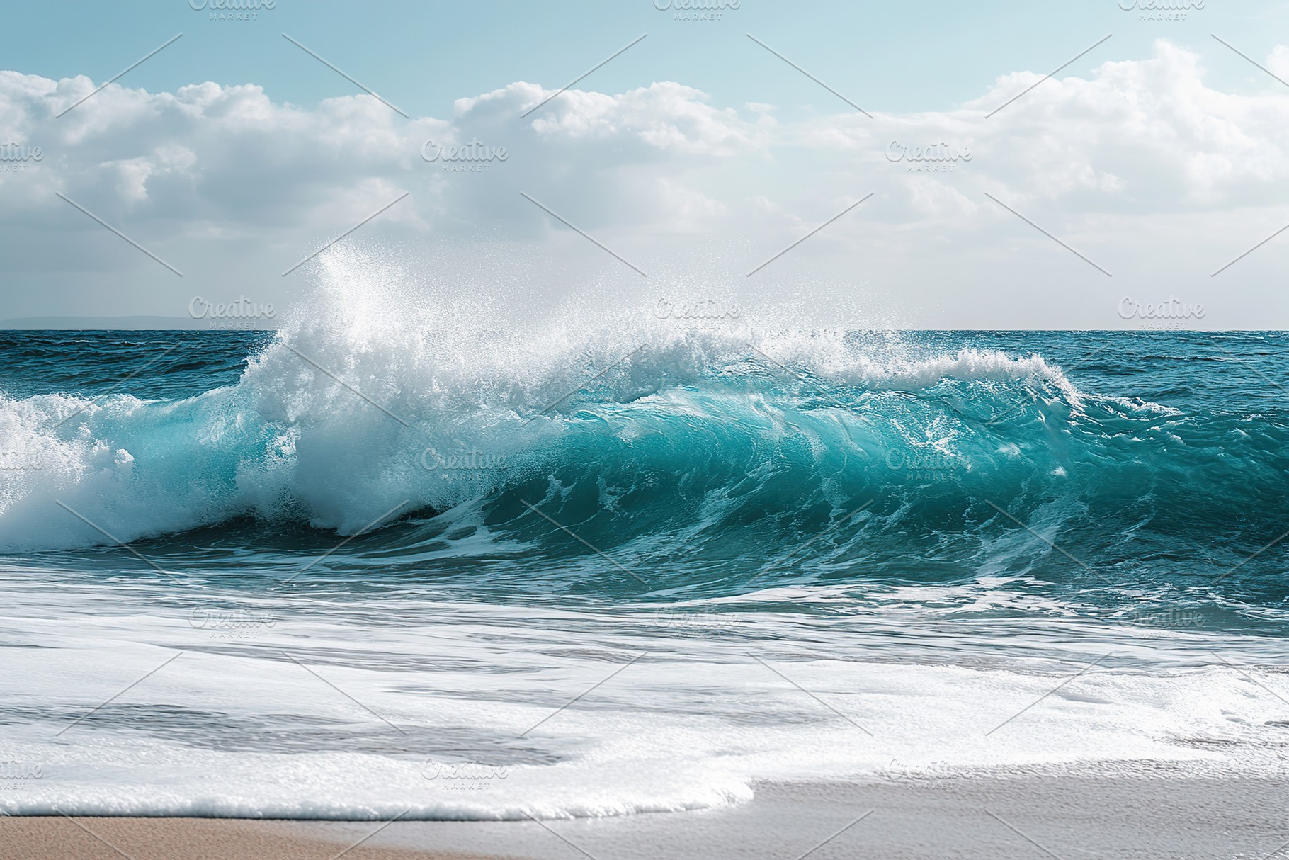 Ocean waves crash gently on a sandy shore under a bright sky with scattered clo, a Nature Photo by AlyaAnd