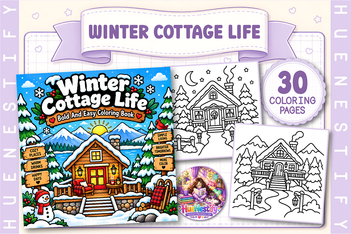 Winter Cottage Life Coloring Book, a Seasonal Illustration by HueNestify (Photo 1 of 4)