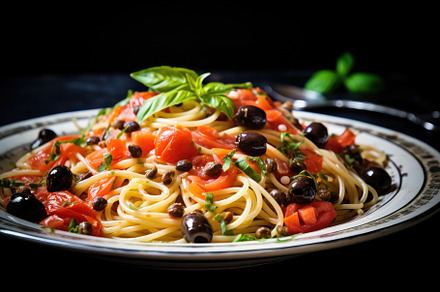 Spaghetti pasta with tomatoes, olive, a Photo by Iftikhar Alam