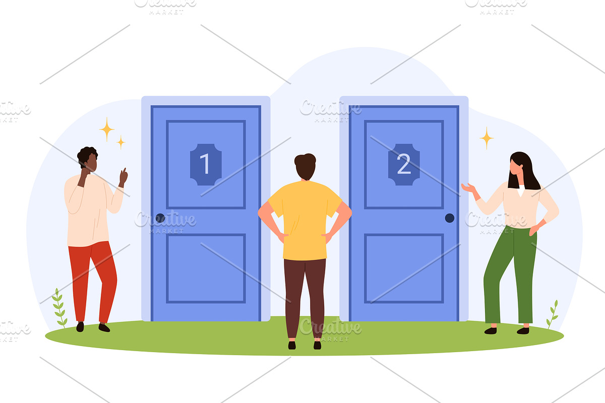 Choosing Between Two Numbered Doors, a Person Illustration by Flashvector