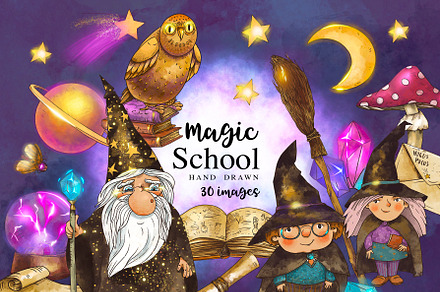 Magic school. Wizard witch clipart
