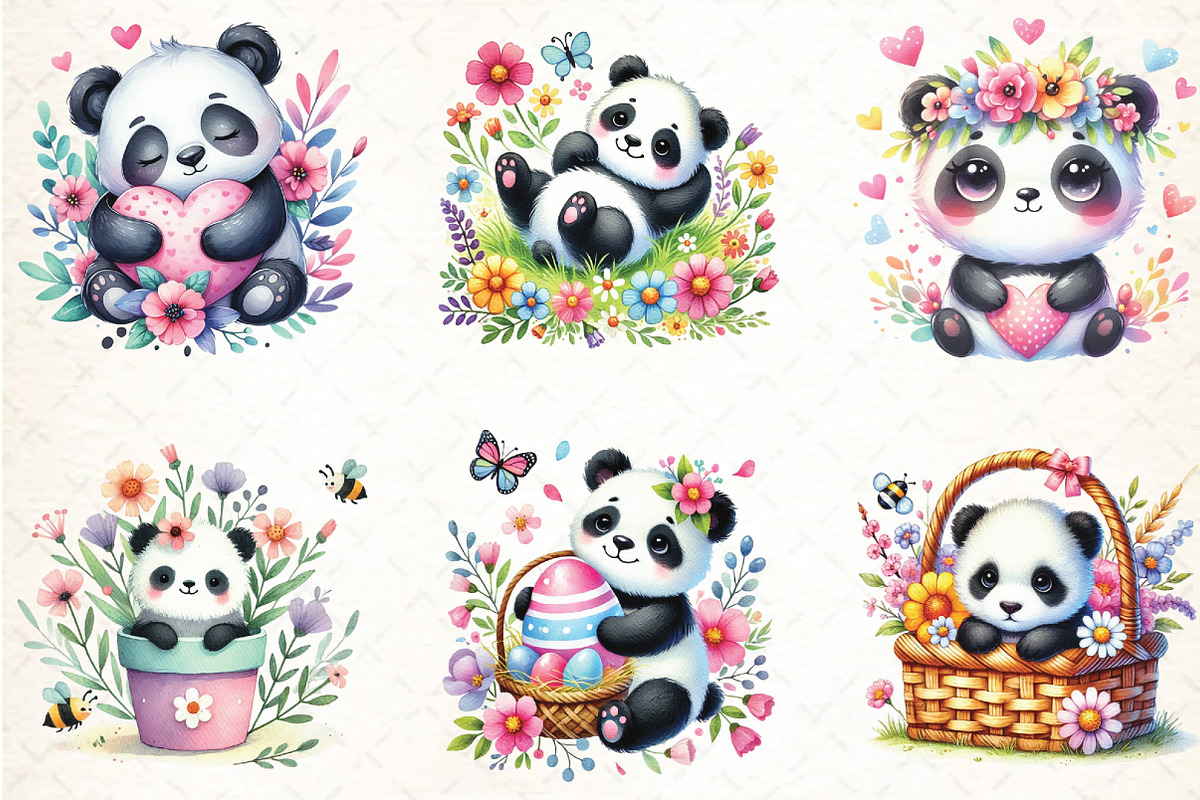 Cute Spring Panda Clipart, an Illustration by DreamCafeArt (Photo 2 of 4)