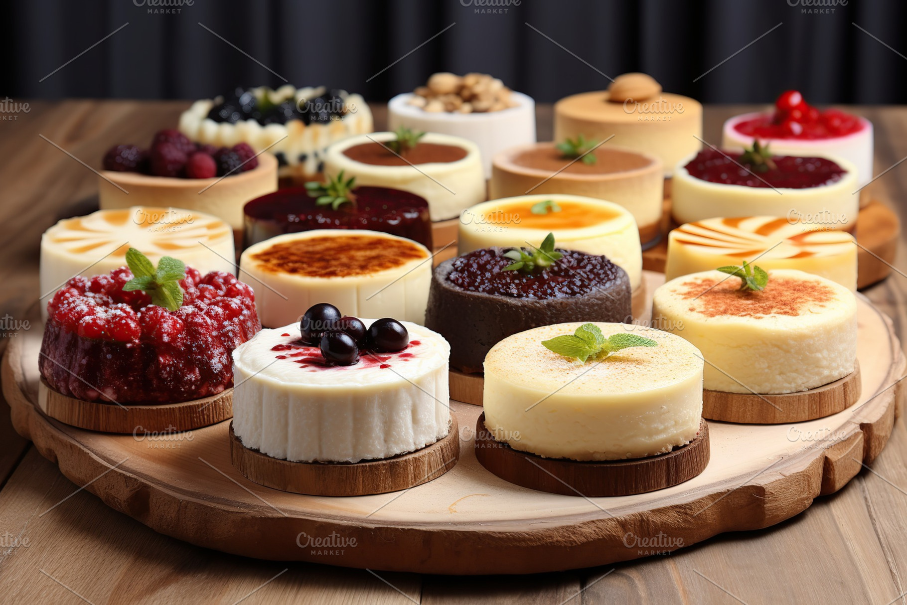 Different pieces of cheesecake with fresh berries on wooden table, a Food & Drink Photo by AlyaAnd